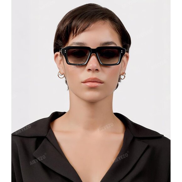 Retro Rectangle Black Tortoise Sunglasses Men Women Fashion Square Frame Shades - Picture 4 of 6